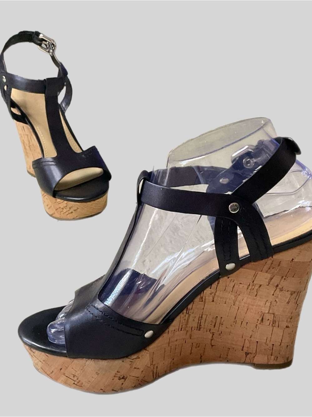 Marc Fisher Black Leather 5” Cork Platform Wedge Sandals Buckle Ankle Strap Boho